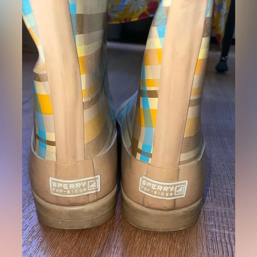 Vintage Sperry top side rain boots Woman’s 8 Plaid, brown, blue, orange, yellow - Picture 2 of 6